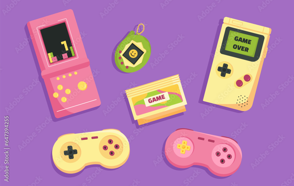 Poster video game devices set. wireless controllers, joystick and gamepad. back to 80s and 90s. template, l