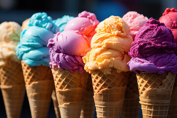 A colorful display of vegan ice cream scoops in a variety of flavors, served in crispy cones or elegant bowls, tempting ice cream enthusiasts with their creamy textures and delightful taste | ACTORS: - obrazy, fototapety, plakaty