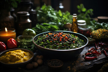 A festive Mexican-inspired table setting with an array of vegan dishes, including tacos, enchiladas, guacamole, salsa, and colorful salads, creating a lively and flavorful atmosphere for a vegan Mexic