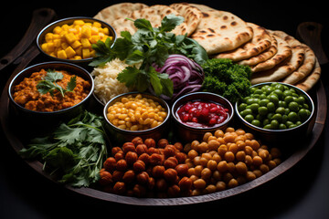 A colorful Indian thali filled with aromatic curries, fragrant rice, crispy papadums, and homemade chutneys, showcasing the flavors and spices of vegan Indian cuisine | ACTORS: Vegan Indian Thali | LO