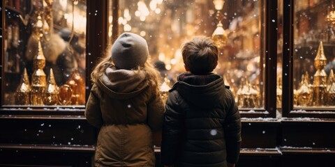 brother and sister look out the window of store with New Year's toys, Christmas. Generative AI