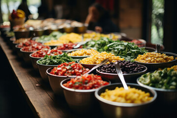 A festive Mexican-inspired table setting with an array of vegan dishes, including tacos, enchiladas, guacamole, salsa, and colorful salads, creating a lively and flavorful atmosphere for a vegan Mexic