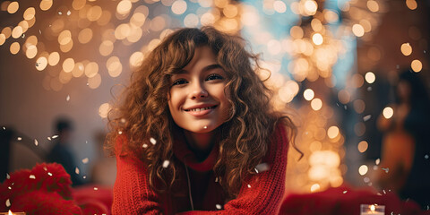 portrait of a woman with curly hair, smiling at a party, fairy lights