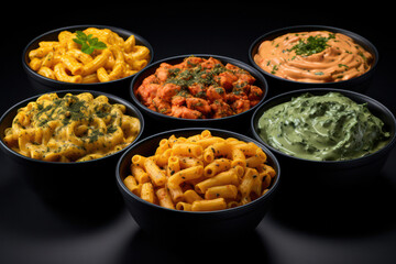 A table set with a selection of mouthwatering vegan pasta dishes, ranging from creamy Alfredo to zesty tomato-based sauces, adorned with fresh herbs and served with crusty bread, offering a satisfying