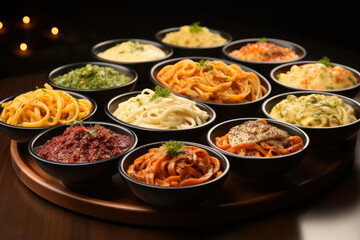 A table set with an assortment of vegan pasta dishes, featuring rich tomato sauces, creamy pesto, and a variety of colorful vegetables, celebrating the comfort and flavor of vegan Italian cuisine | AC