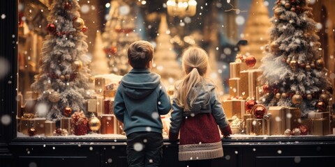 Fototapeta na wymiar brother and sister look out the window of store with New Year's toys, Christmas. Generative AI