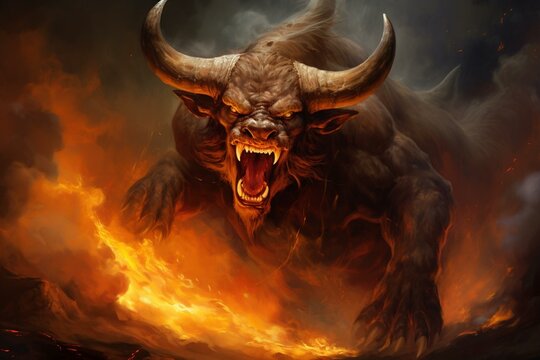 An enraged depiction of a fiery bull. Generative AI