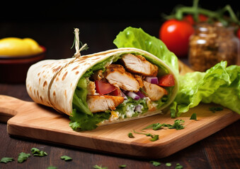 healthy wrap with chicken and vegetables on wooden