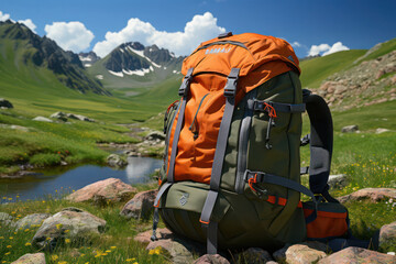 A backpack resting on a moss-covered rock near a serene mountain lake, surrounded by towering pine trees and a backdrop of snow-capped peaks, inviting hikers to take a break and soak in the breathtaki