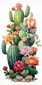 Vertical drawing of blooming cactus on a white background. Watercolor. Generative AI