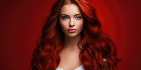 Obraz premium Woman with red hair on a red background, advertising shampoo. Generative AI