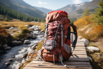 A backpack placed on a wooden bridge over a tranquil forest stream, surrounded by colorful autumn foliage and the soft light of the golden hour, providing a picturesque scene for nature photographers