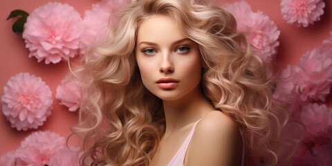 Blonde girl with luxurious hair on a pink floral background. Generative AI