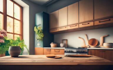 Fototapeta na wymiar wooden and modern finish of kitchen, Created with Generative Ai