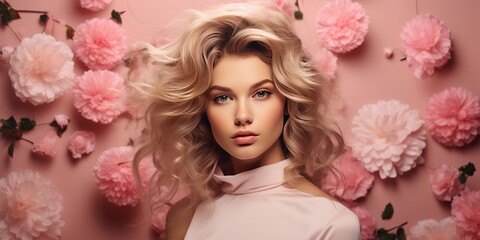 Obraz na płótnie Canvas Blonde girl with luxurious hair on a pink floral background. Generative AI