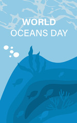 World oceans day concept. Care about nature and environment, ecology. Pure aqua and H2O. International holiday and festival. Poster or banner. Cartoon flat vector illustration