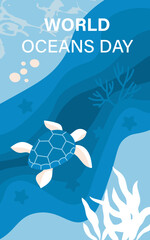 World oceans day concept. Care about nature and environment, ecology. Turtle swim in river or sea. Reducing emission of hazardous waste. Template, layout and mock up. Cartoon flat vector illustration