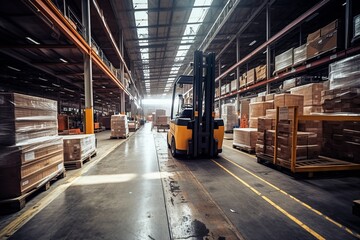 Orange forklift in a factory warehouse - 647395009