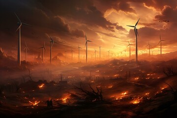 Burning wind turbines symbolize the energy crisis and pollution in a technology-driven world. Generative AI - obrazy, fototapety, plakaty