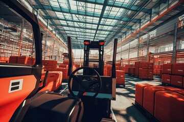 POV from driving a modern forklift in a factory