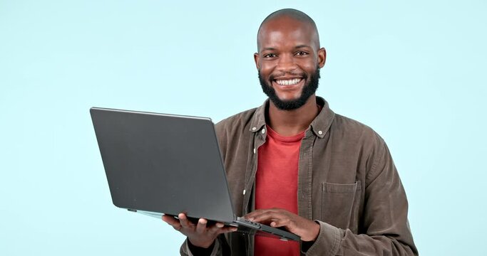 Laptop, portrait and black man with smile in studio for digital marketing, web design or creative search with internet. Computer, face and person for tech support, networking and research for work