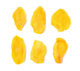 Slices of tasty dried mango on white background