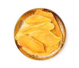 Plate with slices of tasty dried mango on white background