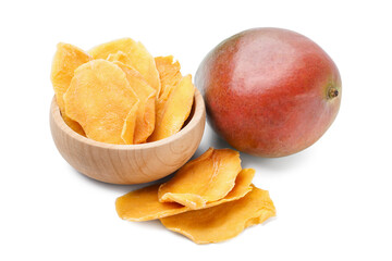 Bowl with slices of tasty dried mango and ripe fruit on white background