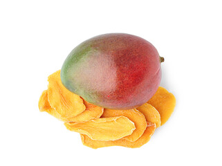 Slices of tasty dried mango and ripe fruit on white background