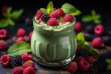 A vibrant smoothie packed with antioxidant-rich ingredients like berries, spinach, and matcha, highlighting the benefits of a colorful and nutritious beverage for overall well-being | ACTORS: Antioxid