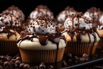 A selection of chocolate-themed cupcakes with various types of chocolate, such as dark, milk, and white, catering to the cravings of chocolate lovers | ACTORS: Chocolate Cupcakes | LOCATION TYPE: Choc