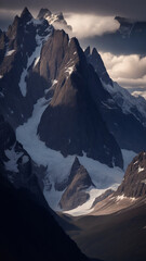 a lifelike depiction of the a mountain range, highlighting the sheer cliffs and glaciers - AI Generative