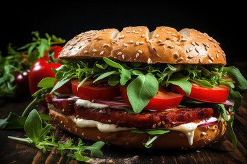 A mouthwatering vegan burger piled high with fresh vegetables, vegan cheese, and a flavorful plant-based patty, showcasing the deliciousness of vegan fast food | ACTORS: Vegan Burger | LOCATION TYPE: