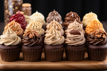 Cupcakes infused with various nuts, such as almonds, walnuts, and pistachios, providing a delightful crunch and nutty flavor profile | ACTORS: Nutty Cupcakes | LOCATION TYPE: Bakery Counter | CAMERA M