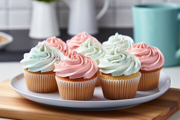 Delicate and pastel-colored cupcakes arranged on a tiered stand, exuding a sense of elegance and sweetness perfect for weddings or tea parties | ACTORS: Pastel Cupcakes | LOCATION TYPE: Dining Table |