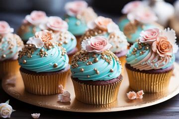 Delicate and pastel-colored cupcakes arranged on a tiered stand, exuding a sense of elegance and sweetness perfect for weddings or tea parties | ACTORS: Pastel Cupcakes | LOCATION TYPE: Dining Table |