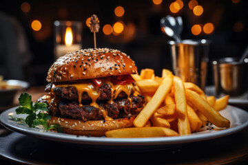 A mouthwatering spread of gourmet vegan burgers, loaded with flavorful toppings, served with crispy fries and a side of homemade vegan sauces, enticing burger lovers with their impressive presentation