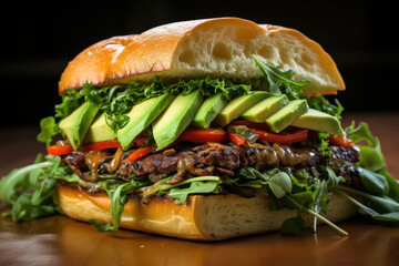 A mouthwatering spread of gourmet vegan burgers, loaded with flavorful toppings, served with crispy fries and a side of homemade vegan sauces, enticing burger lovers with their impressive presentation