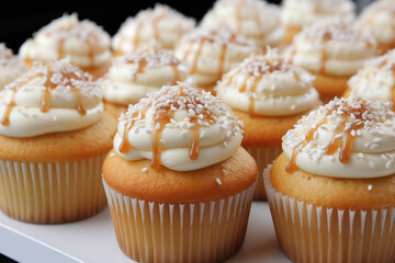 Rustically decorated cupcakes with a homemade feel, showcasing simple yet comforting flavors like vanilla, cinnamon, and caramel | ACTORS: Rustic Cupcakes | LOCATION TYPE: Farmhouse Kitchen | CAMERA M