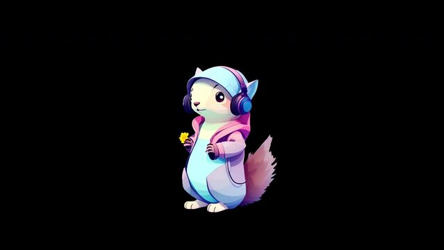 A squirrel in a hood and headphones moving to the beat (120 beats per minute) of music. Drawn in the style of a romantic anime. A cool character with an alpha channel will give your video a lo-fi beat