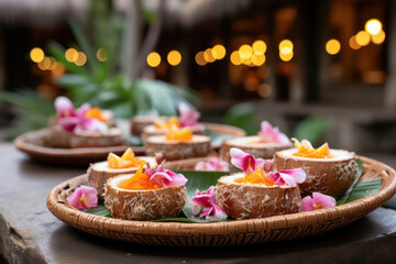 A tropical-themed smoothie with pineapple, coconut, and mango, garnished with edible flowers and served in a coconut shell, evoking a sense of paradise and relaxation with every sip