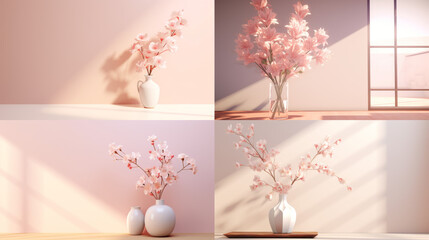 Set of backgrounds of vases with flowers in warm light pink and white colors