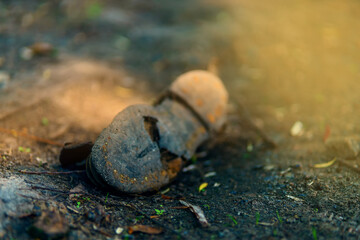 Obraz premium A very old children's shoe with nails in the sole is lying on the ground