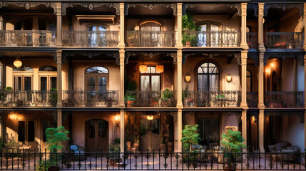 Multi-tiered interior balconies with wrought iron railings