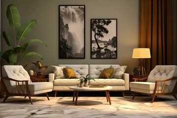 Contemporary lounge with furniture, decor, and a simulated picture frame. Generative AI