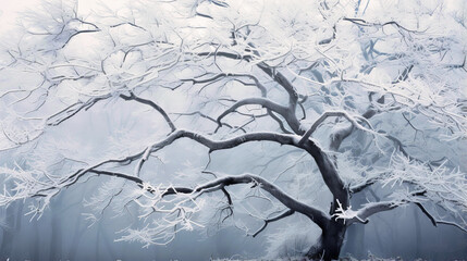 Barren tree branches covered in hoarfrost