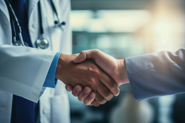 A handshake between healthcare professionals in a hospital setting.