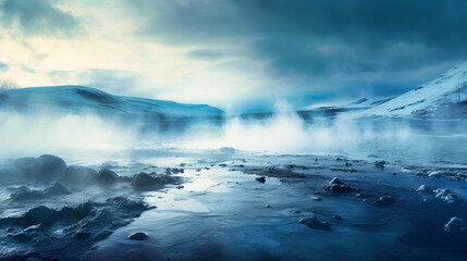 Mist rising from a geothermal hot spring in a snow field - obrazy, fototapety, plakaty