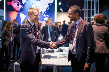 Diplomatic handshake at a global trade conference. International business collaboration - obrazy, fototapety, plakaty