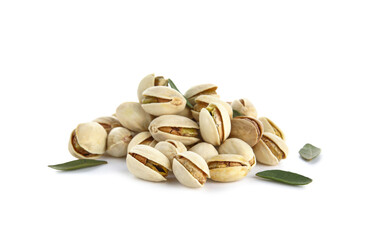 Heap of tasty pistachio nuts and leaves on white background